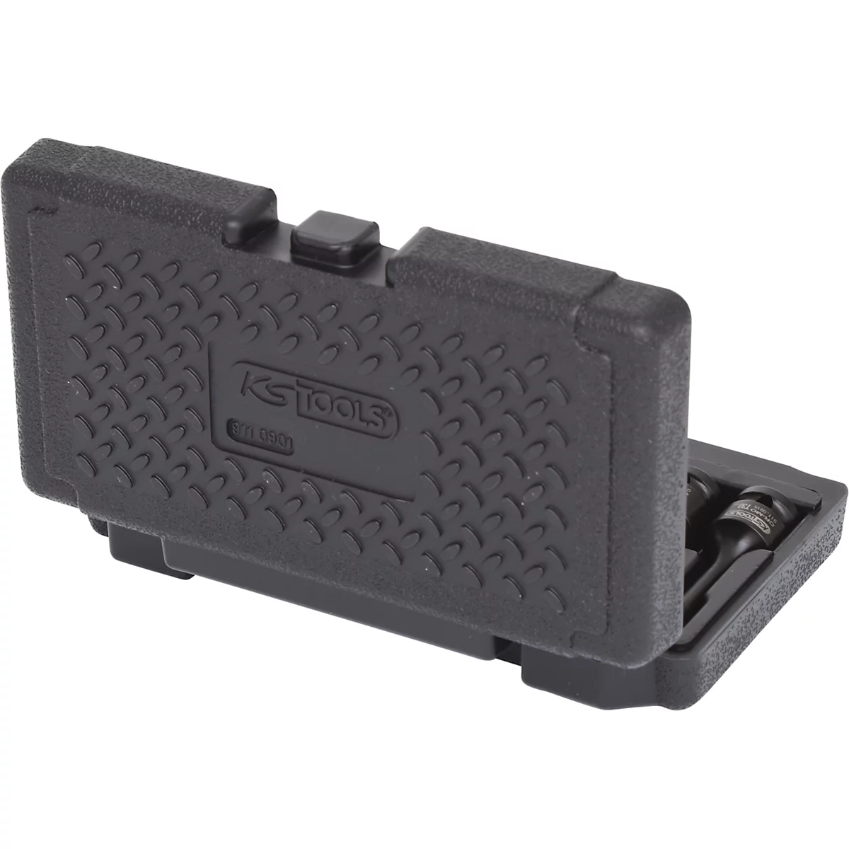 Schwarzer Werkzeugkoffer, leicht geöffnet, mit KS TOOLS Logo. Innen liegen Werkzeuge.